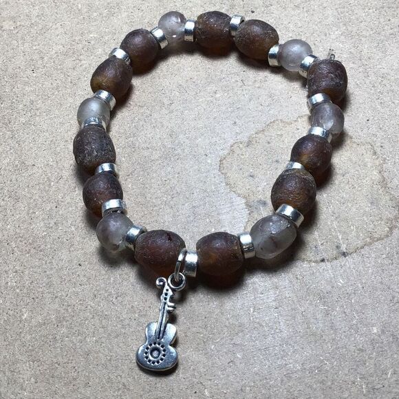 Bracelet, Handmade African Beaded Bracelet, NEW, Stretch, Brown and Tan - Picture 3 of 4